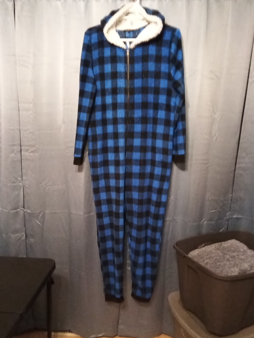 Cozy Blue Plaid Adult One-Piece Hooded Zipper Jumpsuit
